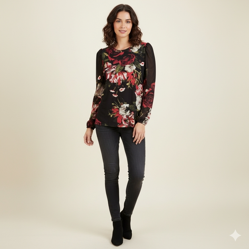 Floral Sheer Long Sleeve Linened Top